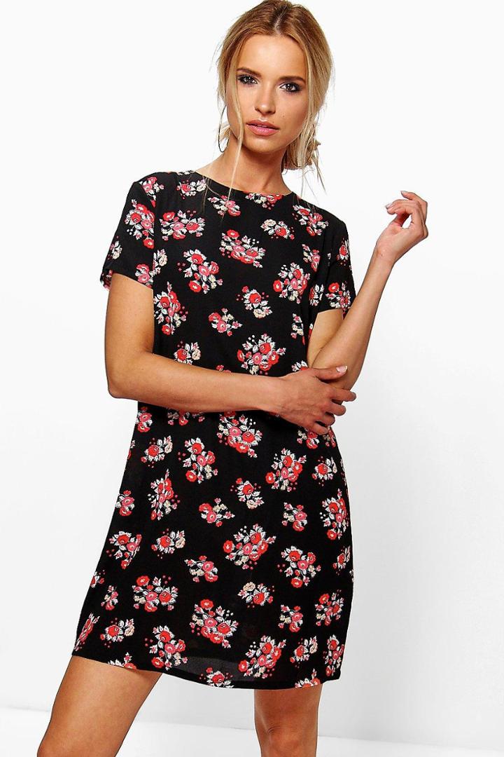 Boohoo Clarissa Cluster Floral Cap Sleeve Shift Dress Black