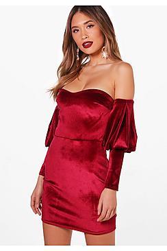 Boohoo Velvet Off The Shoulder Bodycon Dress