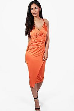 Boohoo Beth Slinky Strappy Wrap Detail Midi Dress