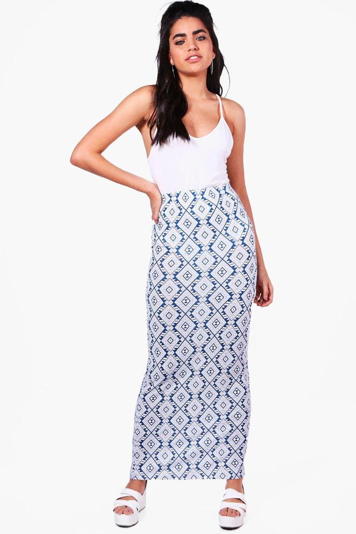 Boohoo Zoe Aztec Print Maxi Skirt Blue