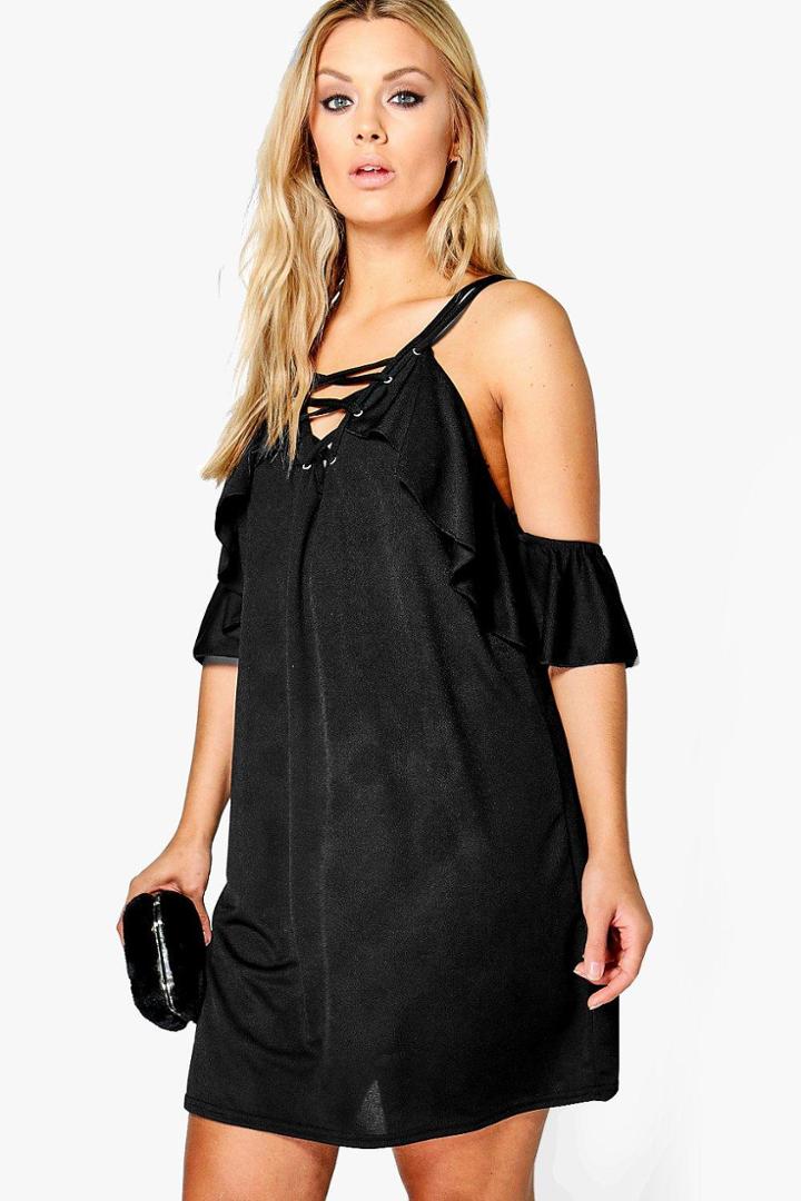 Boohoo Plus Julia Lace Up Ruffle Cold Shoulder Swing Dress Black