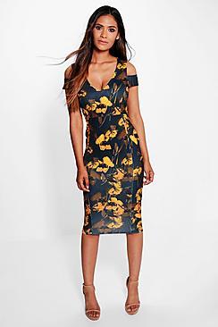 Boohoo Malika Open Shoulder Dark Floral Midi Dress