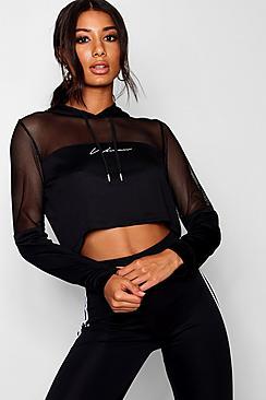 Boohoo Fit 'woman' Mesh Panel Crop Hoodie