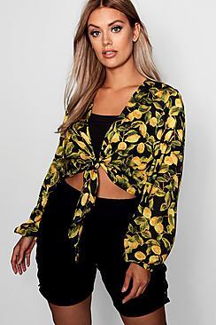 Boohoo Plus Jennie Lemon Tie Print Top
