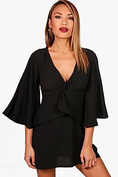 Boohoo Ari Angle Sleeve Plunge Twist Frill Shift Dress