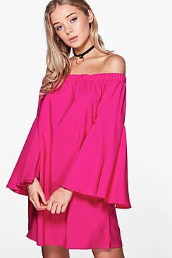 Boohoo Frey Extreme Flare Sleeve Off Shoulder Dress