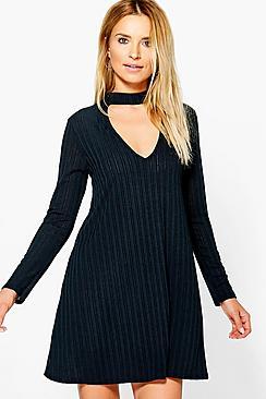 Boohoo Olivia Rib Knit Choker Swing Dress