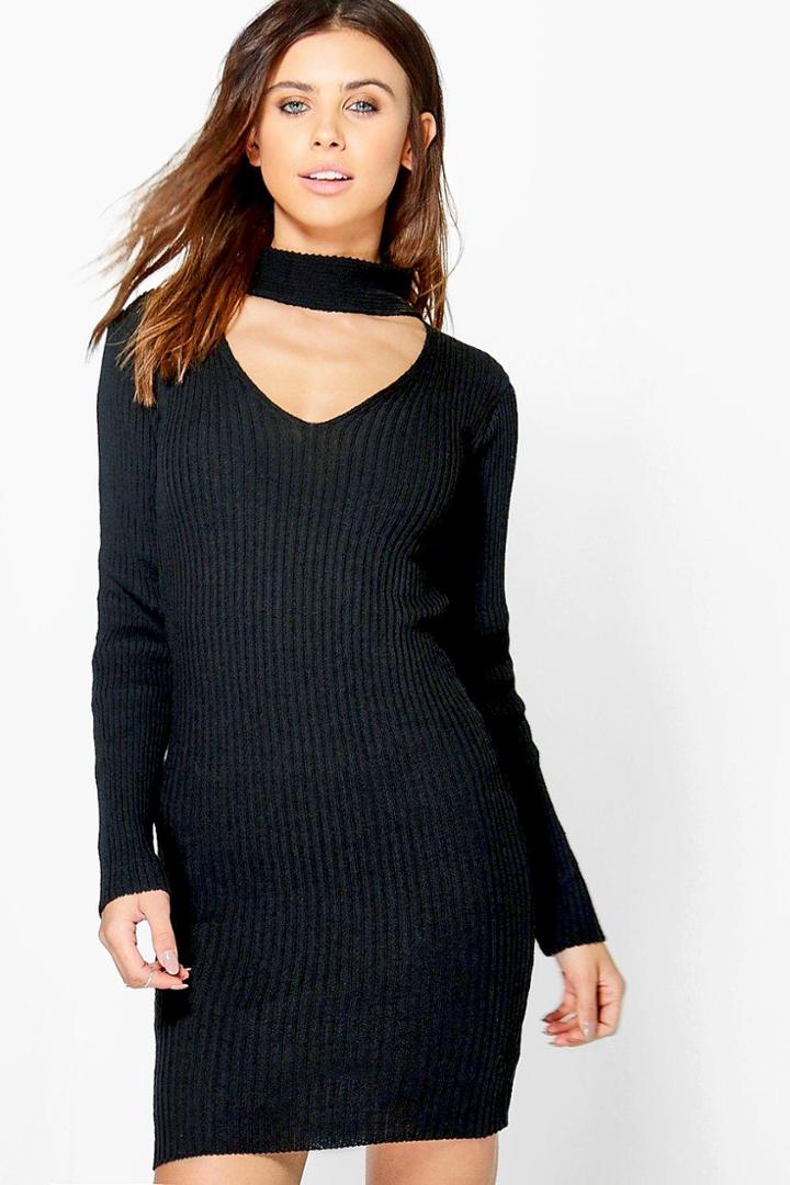Boohoo Petite Alisha Choker Rib Knit Jumper Dress Black