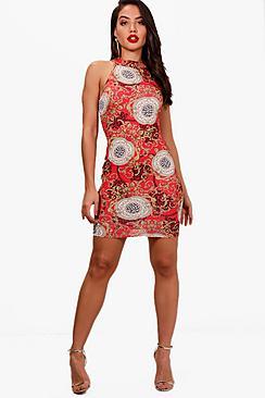 Boohoo Nicole Chain Print High Neck Bodycon Dress