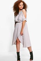 Boohoo Plus Han Open Shoulder Tie Waist Wrap Dress Grey