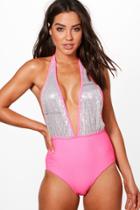 Boohoo Barbuda Boutique Sequin Plunge Bathing Suit Pink