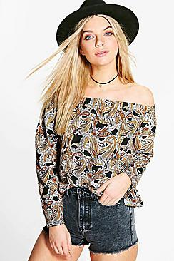 Boohoo Megan Paisley Woven Off The Shoulder Top