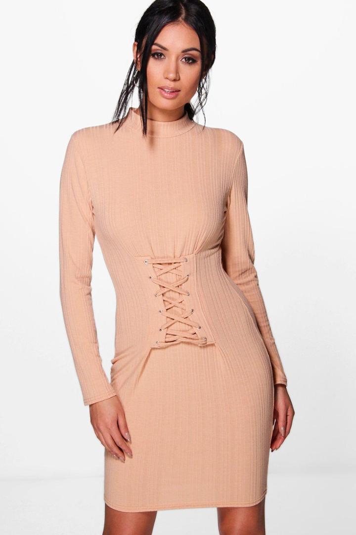 Boohoo Emily Lace Up Corset Rib Knit Dress Sand