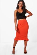 Boohoo Aliza Front Split Ruffle Hem Midi Skirt Orange
