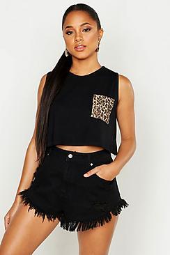 Boohoo Leopard Pocket Sleeveless Crop Tank Top