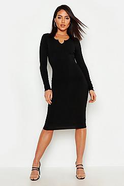 Boohoo Notch Neck Lettuce Hem Rib Midi Dress