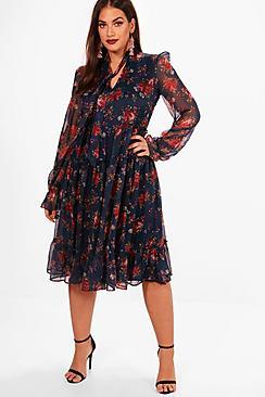 Boohoo Plus Katie Floral Ruffle Woven Midi Dress