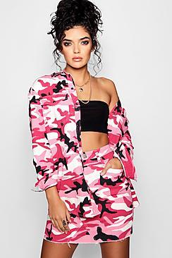 Boohoo Stella Pink Camo Print Micro Mini Denim Skirt