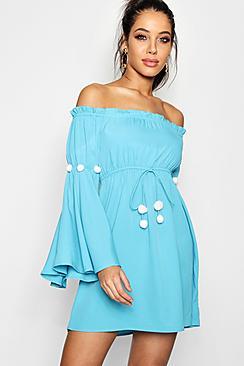 Boohoo Cerys Pom Pom Bardot Beach Dress