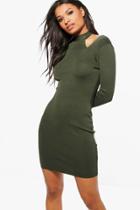 Boohoo Lottie High Neck Cold Shoulder Knitted Dress Khaki