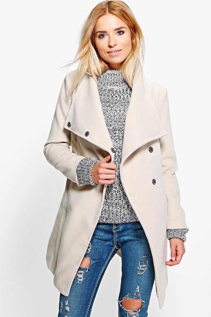 Boohoo Libby Belted Longline Wool Look Coat Stone