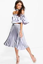 Boohoo Eve Satin Off The Shoulder Crop & Skirt Co-ord Silver
