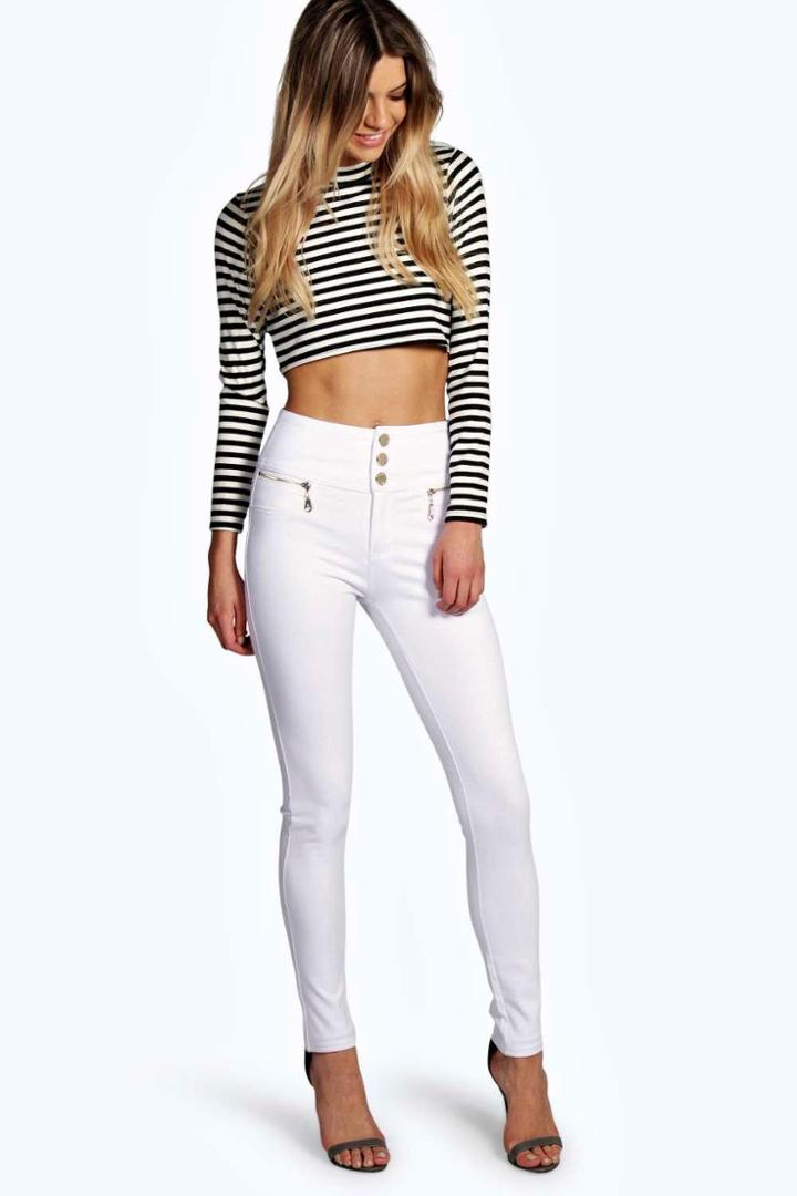 Boohoo Sophia Gold Trim 3 Button Super Skinny Trousers White