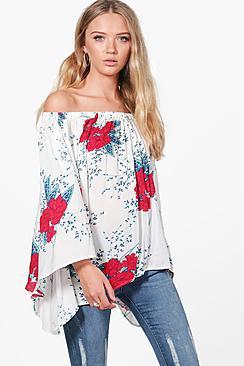 Boohoo Brooke Volume Sleeve Floral Bardot Tunic