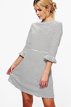 Boohoo Sarah Stripe Frill Sleeve Skater Dress