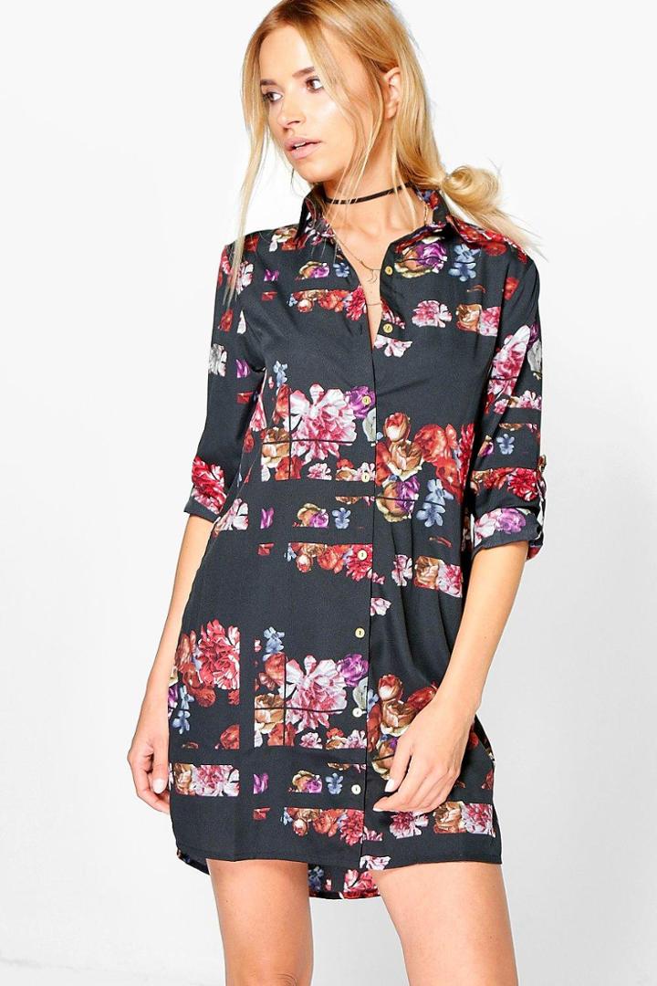 Boohoo Neve Floral Shirt Dress Black