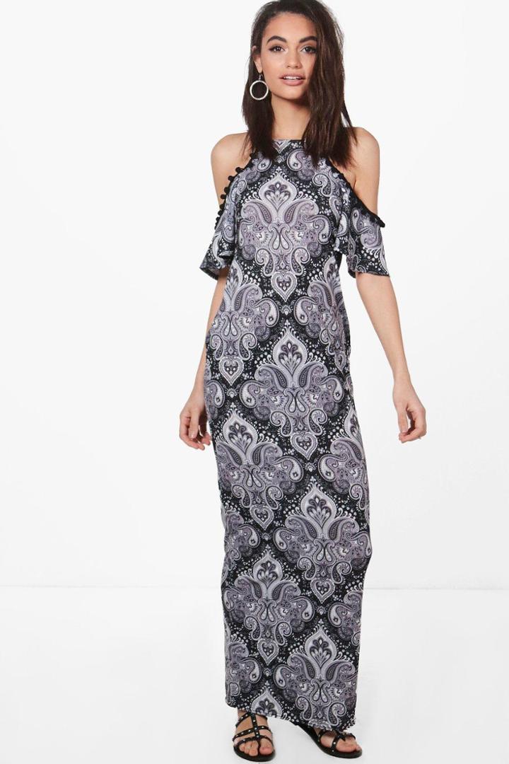 Boohoo Tanya Cold Shoulder Pom Pom Paisley Maxi Dress Black