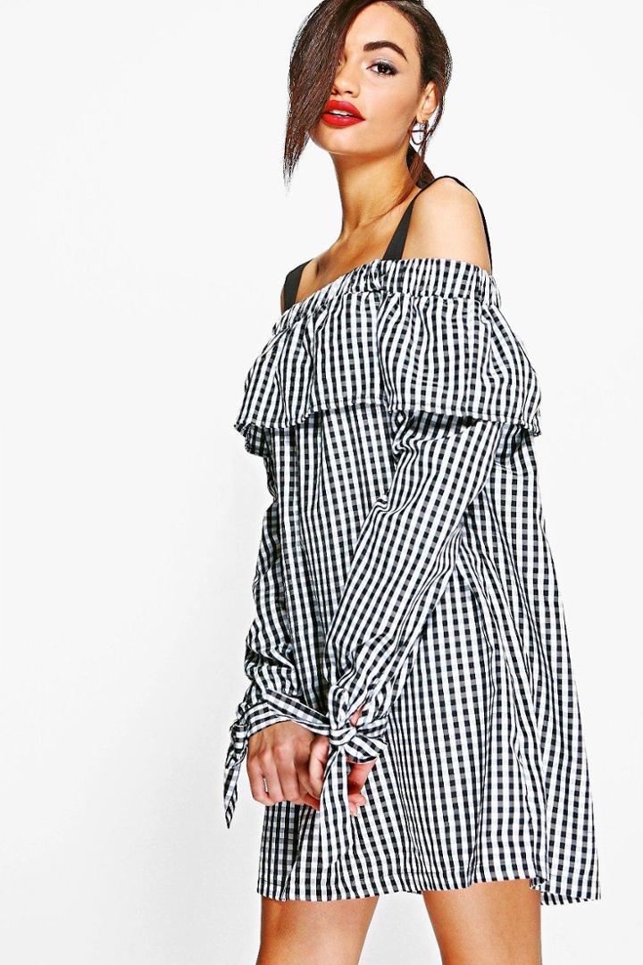 Boohoo Julia Gingham Off Shoulder Tie Smock Dress Black