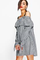 Boohoo Julia Gingham Off Shoulder Tie Smock Dress Black