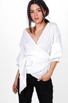 Boohoo Laura Woven Ruched Sleeve Wrap Front Blouse