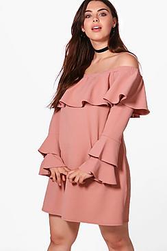 Boohoo Plus Imogen Off The Shoulder Ruffle Shift