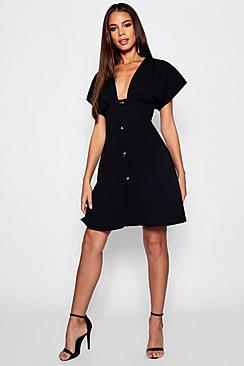 Boohoo Tall Horn Button Plunge Front Skater Dress