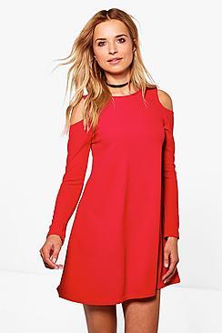 Boohoo Pearl Crepe Cold Shoulder Swing Dress