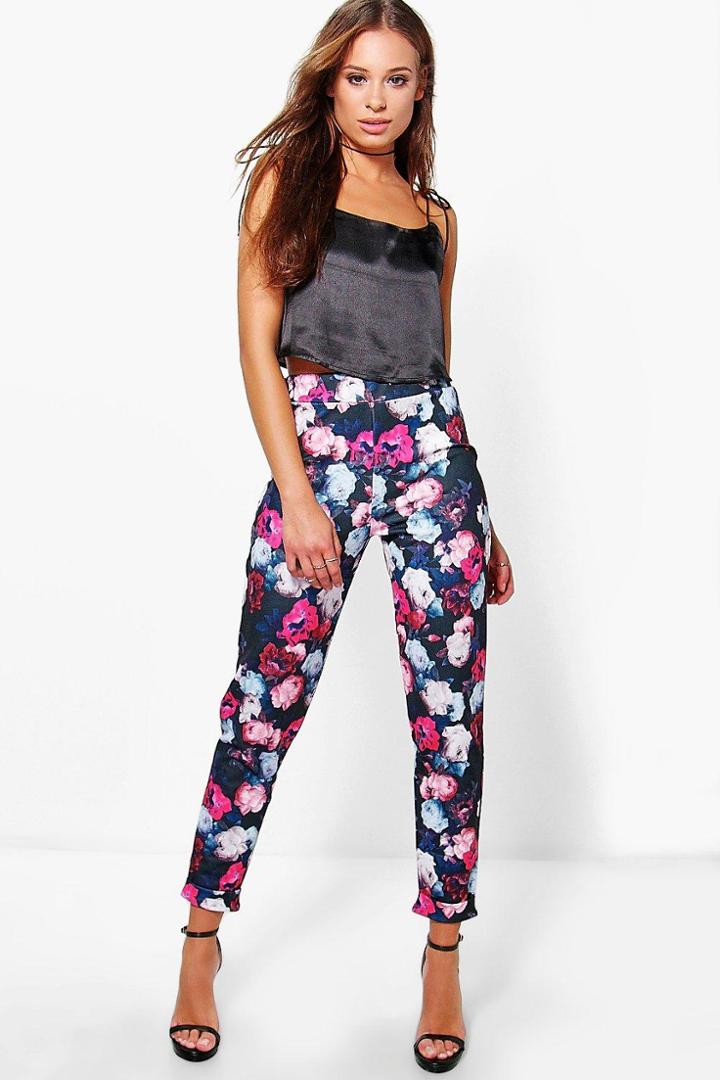Boohoo Amina Tonal Floral Stretch Skinny Trousers Multi