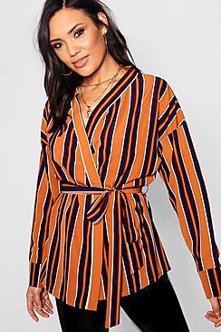 Boohoo Emma Stripe Wrap Tie Waist Blouse