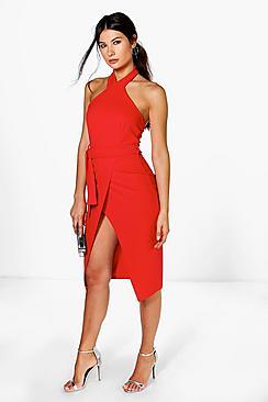 Boohoo High Neck Tie Waist Wrap Midi Dress