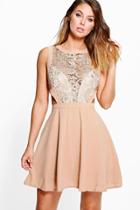 Boohoo Layla Metallic Lace Cut Out Detail Skater Dress Gold