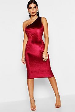 Boohoo Velvet One Shoulder Midi Dress