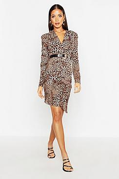 Boohoo Leopard Ruched Front Belted Dress
