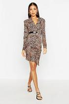Boohoo Leopard Ruched Front Belted Dress