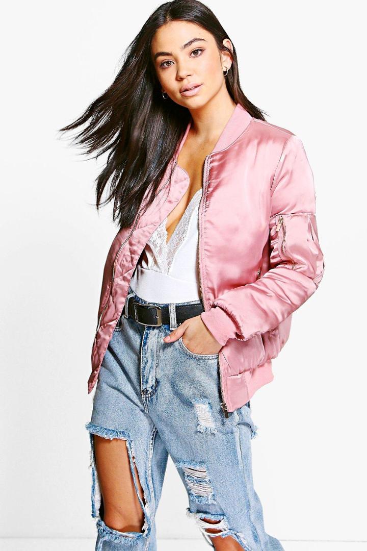 Boohoo Scarlett Satin Bomber Jacket Rose