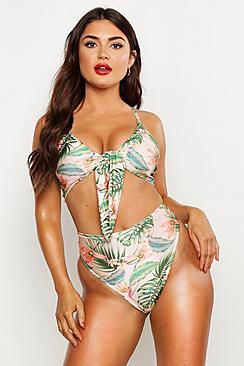 Boohoo Tropical Tie Front High Waist Bikini