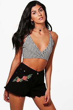 Boohoo Krity Embroidered Fray Hem Denim Shorts