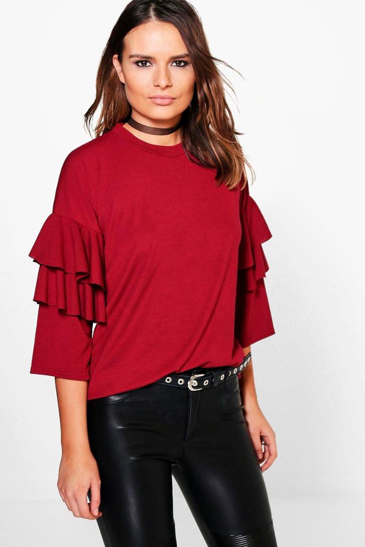 Boohoo Jasmine Ruffle Sleeve Jumper Wine