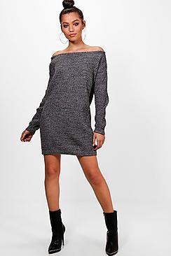Boohoo Slash Neck Marl Knit Jumper Dress