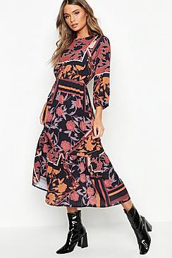 Boohoo Boho Scarf Print Ruffle Hem Midi Dress